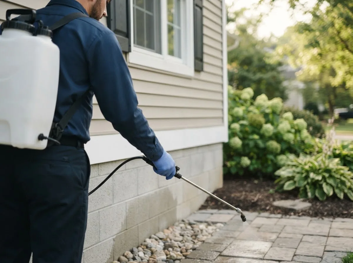 Pest control technician inspecting a home in Kinross, MI